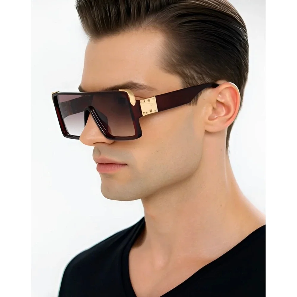Mens Rectangular Fashion Sunglasses Brown Gradient Gold Accents Retro Modern New